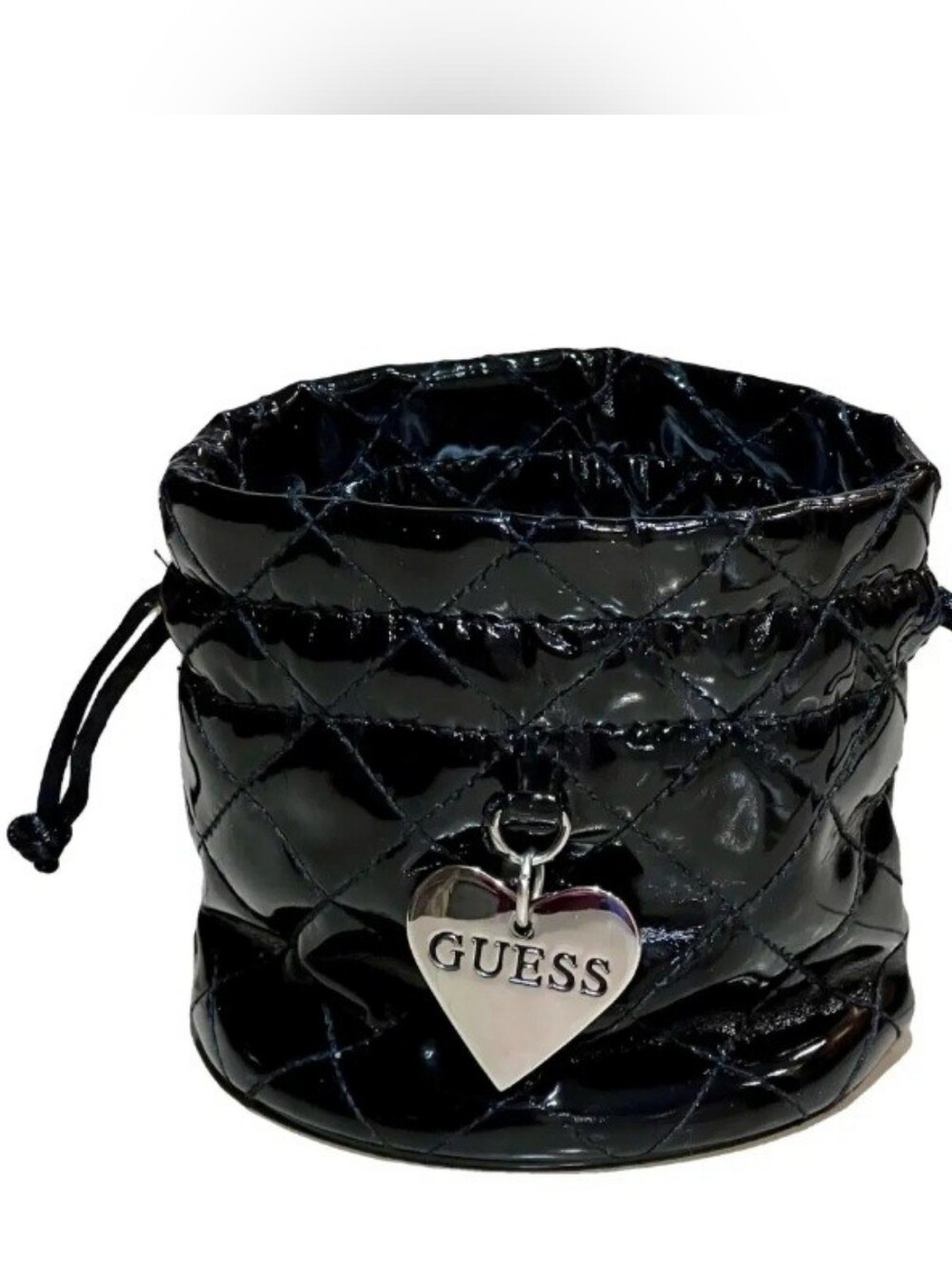 GUESS Black Patent Quilted Drawstring Pouch with Heart Charm